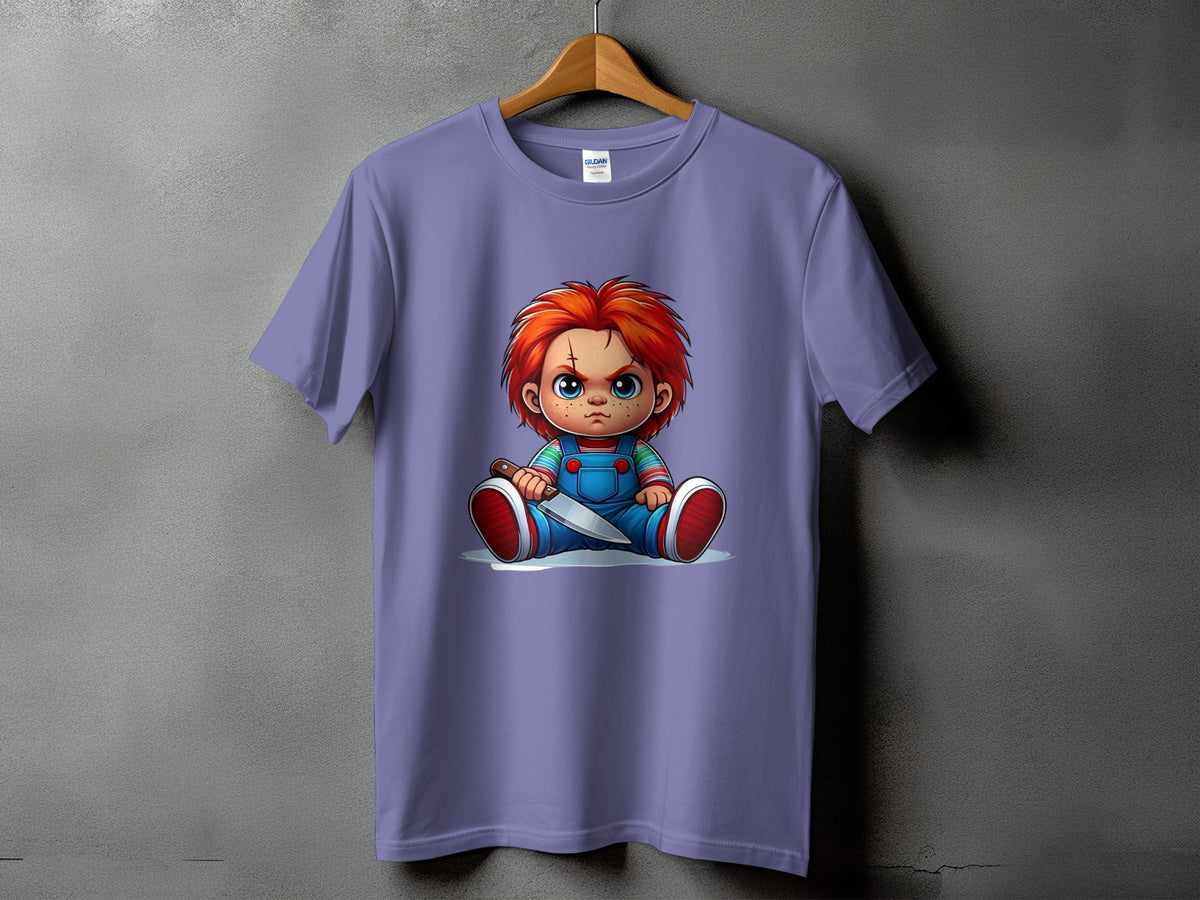 Purple t-shirt with a cartoon Chucky doll holding a knife graphic.