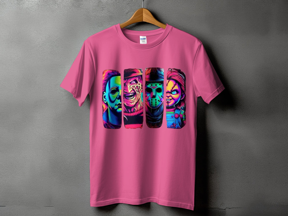 Pink t-shirt with colorful pop art prints of horror movie characters.