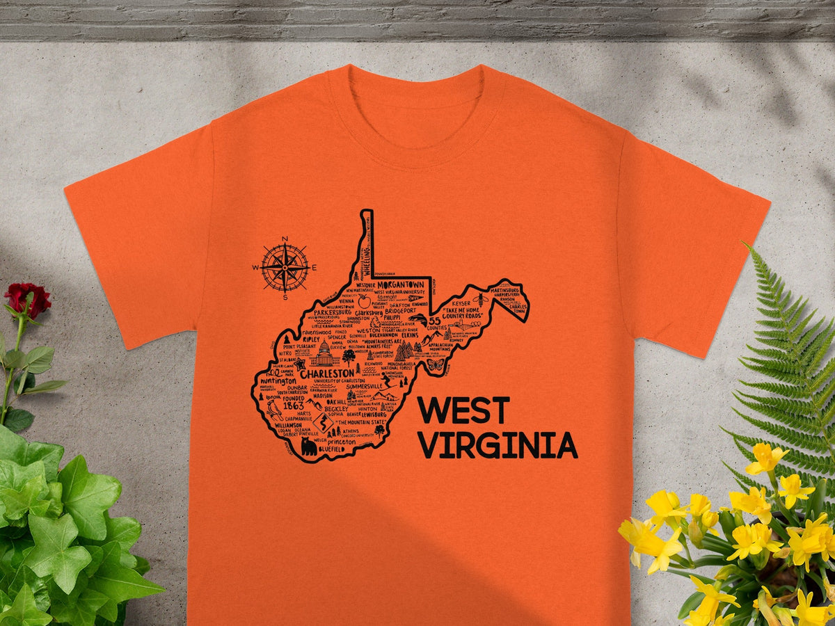West Virginia Map Design Orange T-Shirt for Travel Lovers