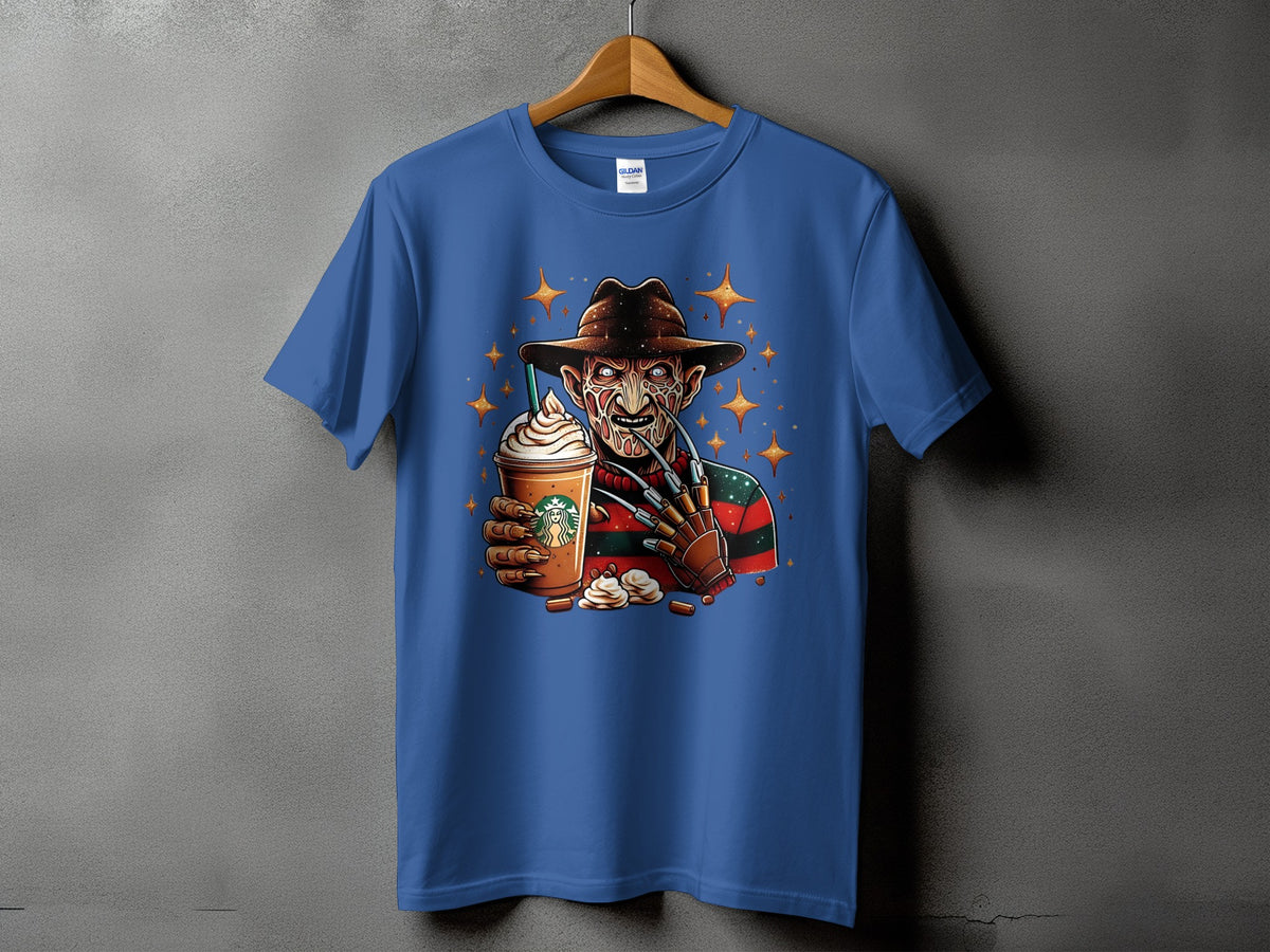 Freddy Krueger holding a Starbucks coffee cup with clawed hand and sparkles.