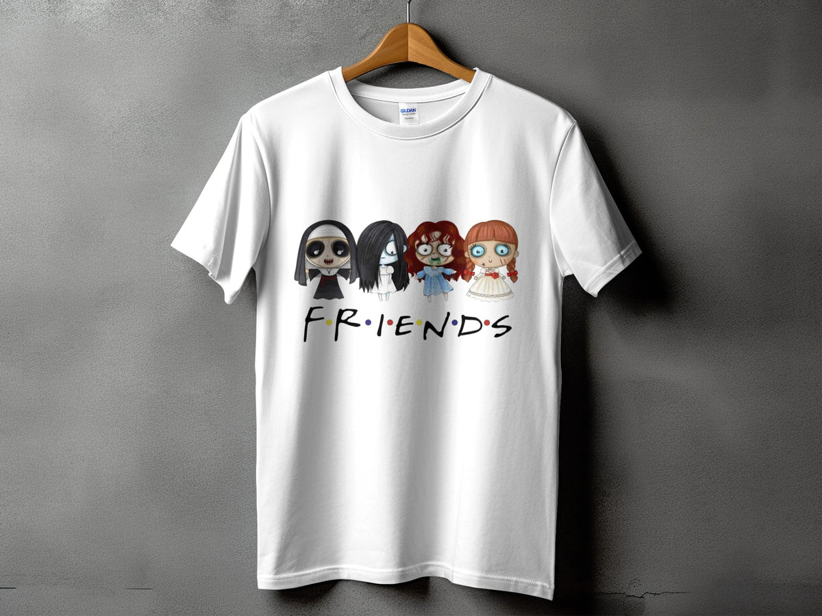 White t-shirt with cartoon horror characters and "FRIENDS" text.