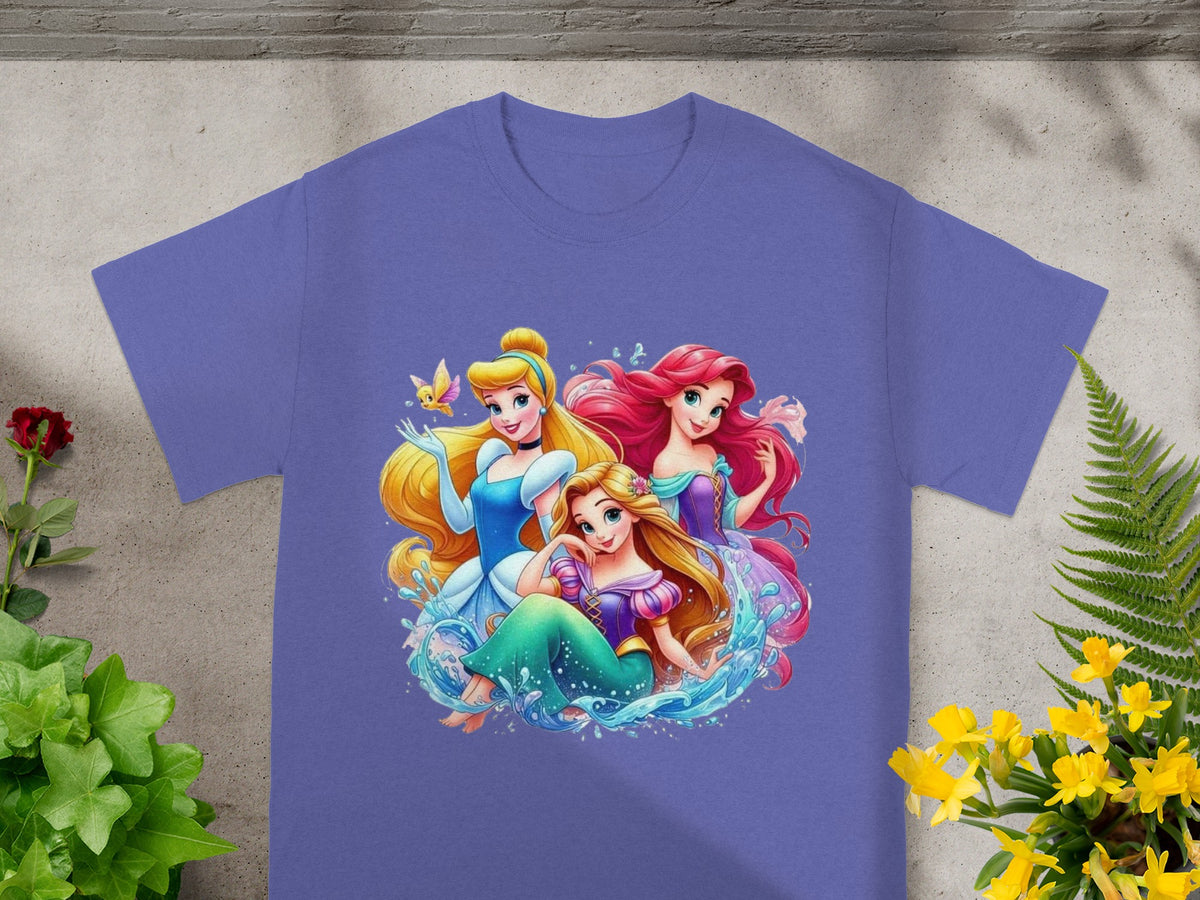 Disney Princesses Ariel, Cinderella, and Rapunzel on a purple t-shirt.