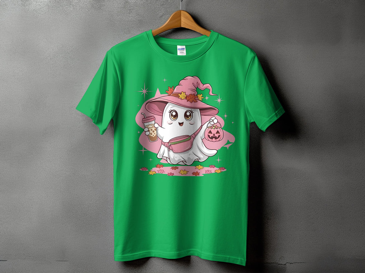 Green t-shirt with a cute ghost in a witch hat holding a boba drink and pumpkin.
