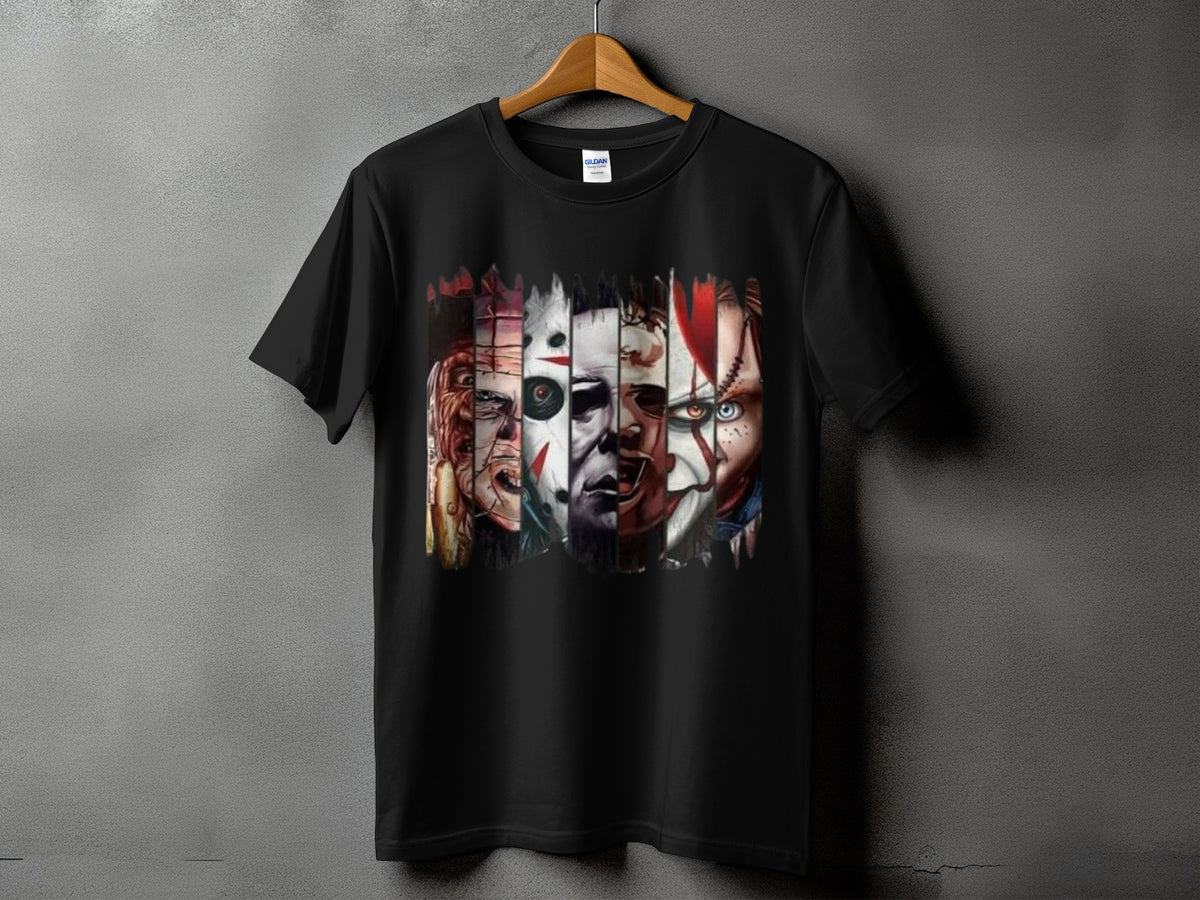 Black t-shirt featuring a collage of iconic horror movie villain faces.