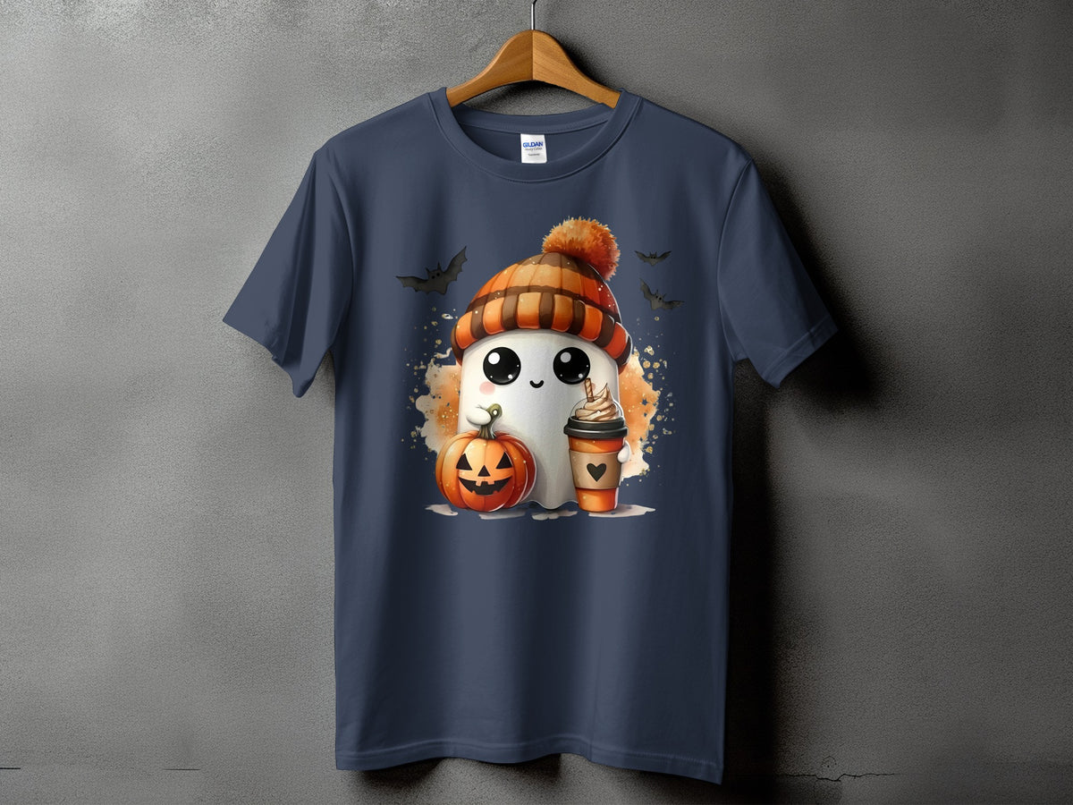 Cute ghost with pumpkin and coffee on a dark blue t-shirt with bats.
