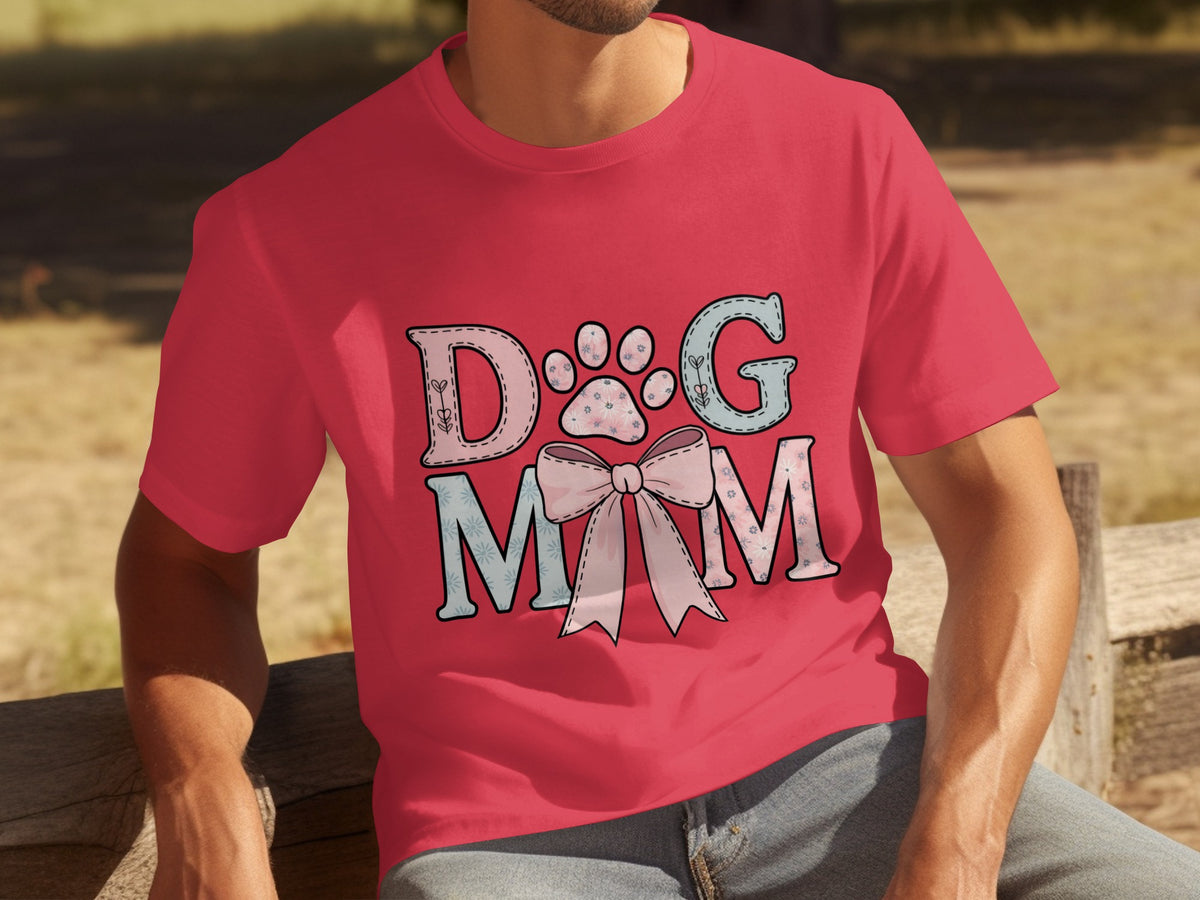 Cute Dog Mom Graphic Tee with Paw Print and Bow Design