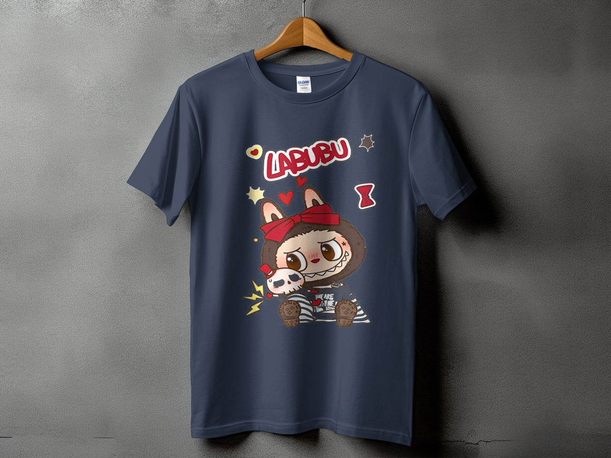 Dark blue t-shirt with "LABUBU" text and a cartoon character holding a skull.
