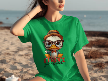 Quirky Duck Graphic Green T-Shirt with Fun Saying