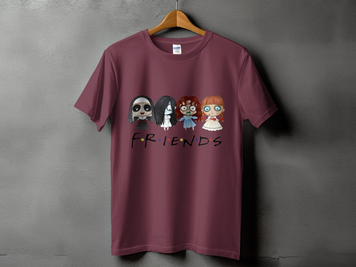 Maroon t-shirt with four horror characters and the word FRIENDS in colorful dots.
