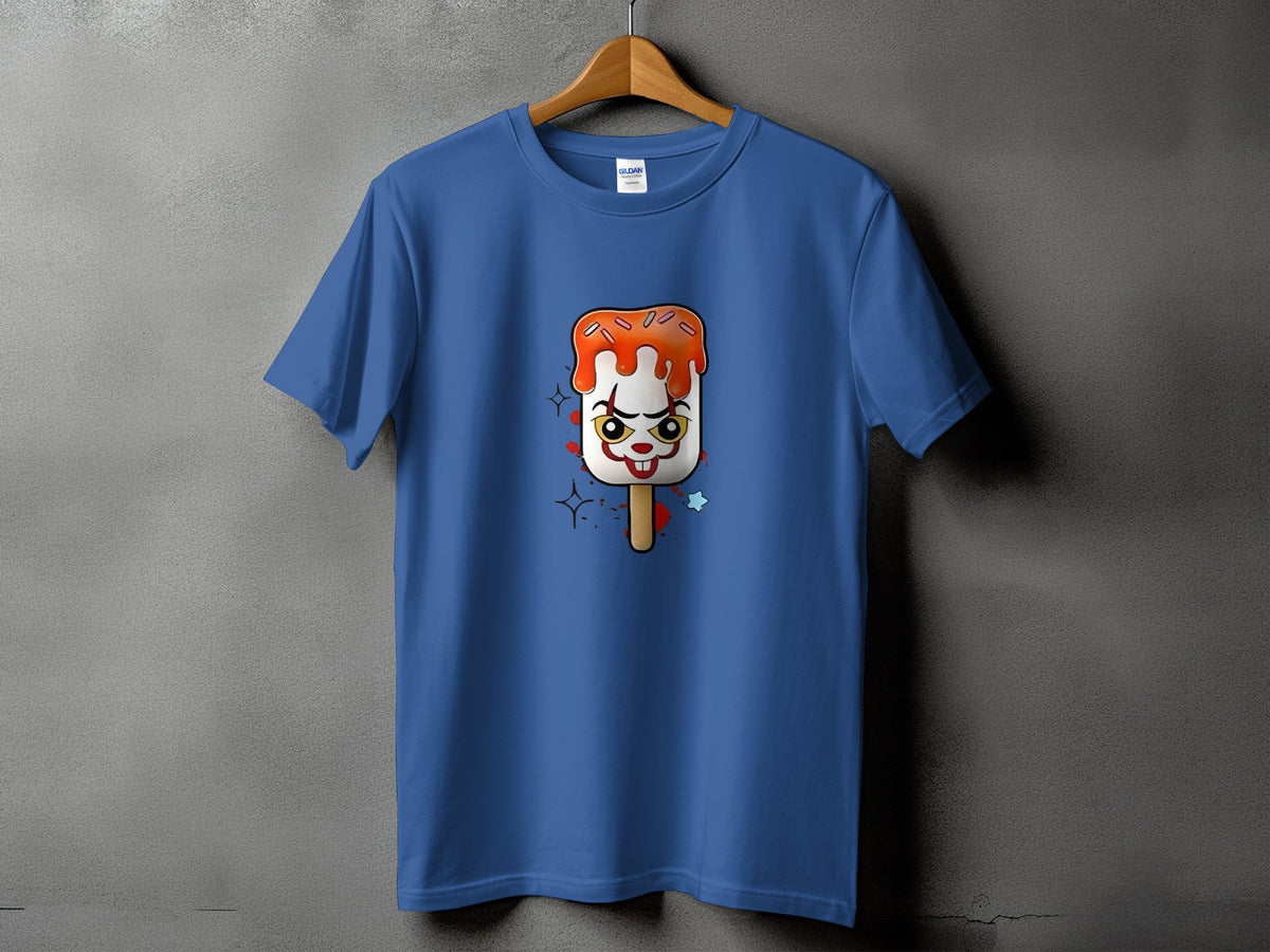 Blue t-shirt with a creepy clown popsicle graphic.
