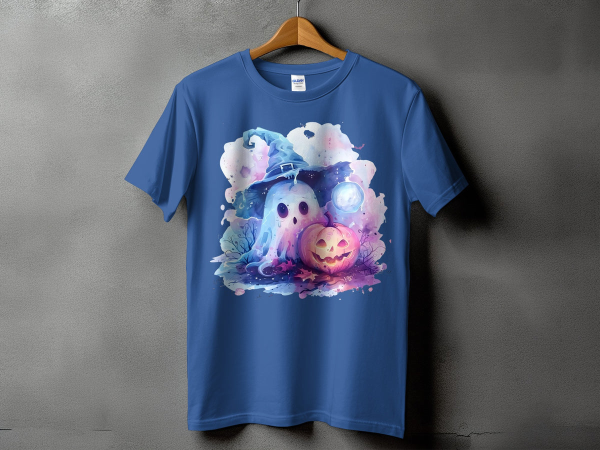 Blue t-shirt with a watercolor ghost wearing a witch hat and a pumpkin.