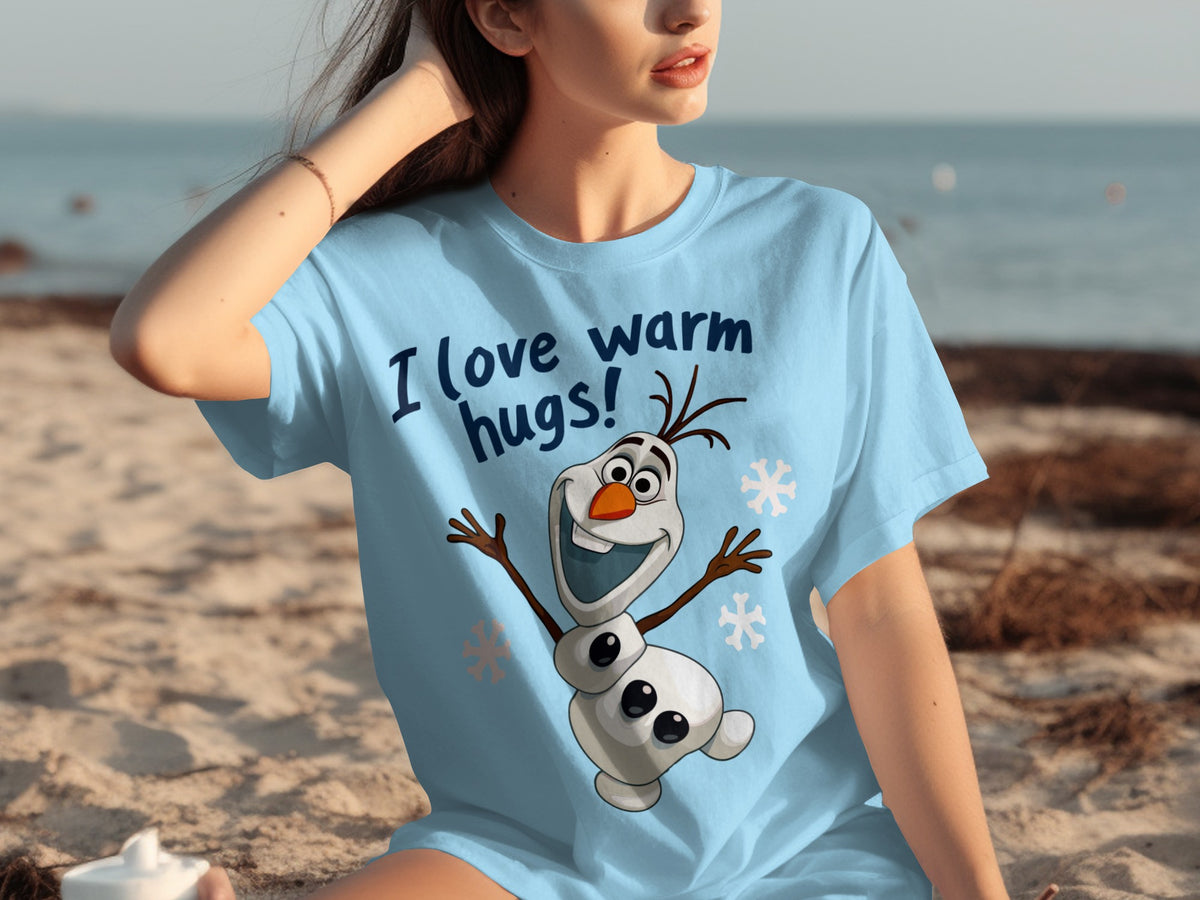 I Love Warm Hugs Blue T-shirt with Cute Snowman Design