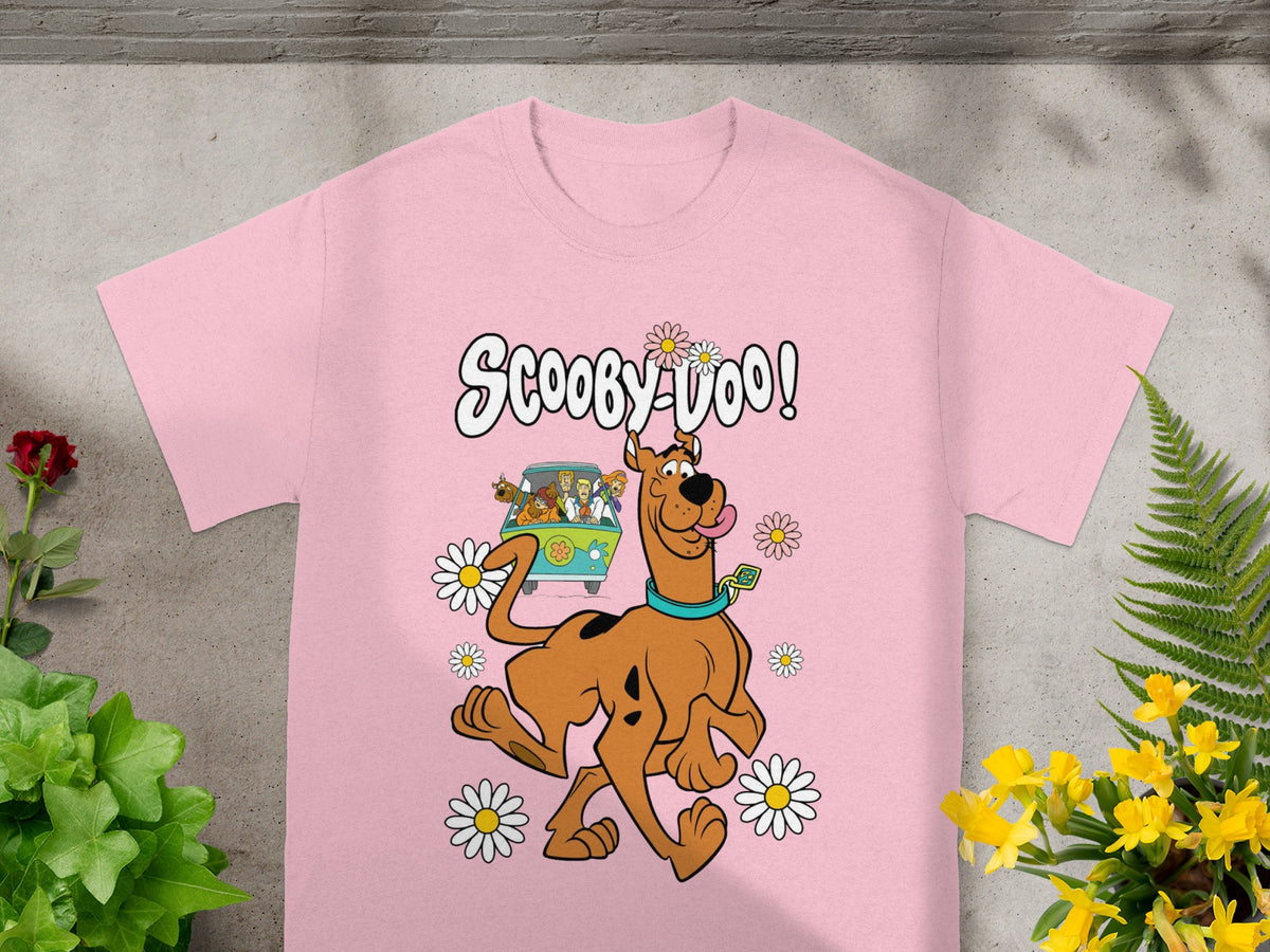 Scooby-Doo text with Scooby-Doo running with Mystery Machine and friends behind him.