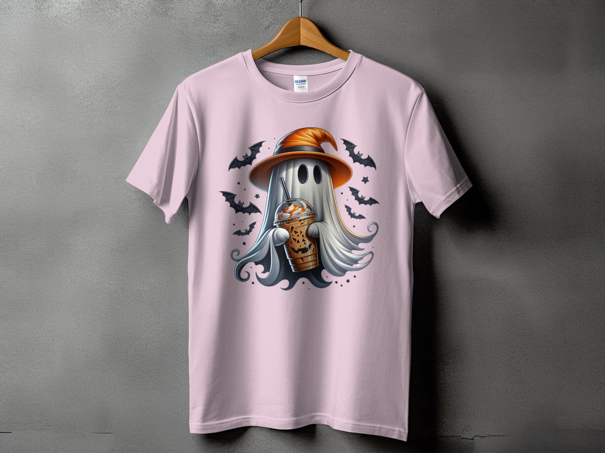 Pink t-shirt with a ghost in a witch hat holding a pumpkin spice latte.