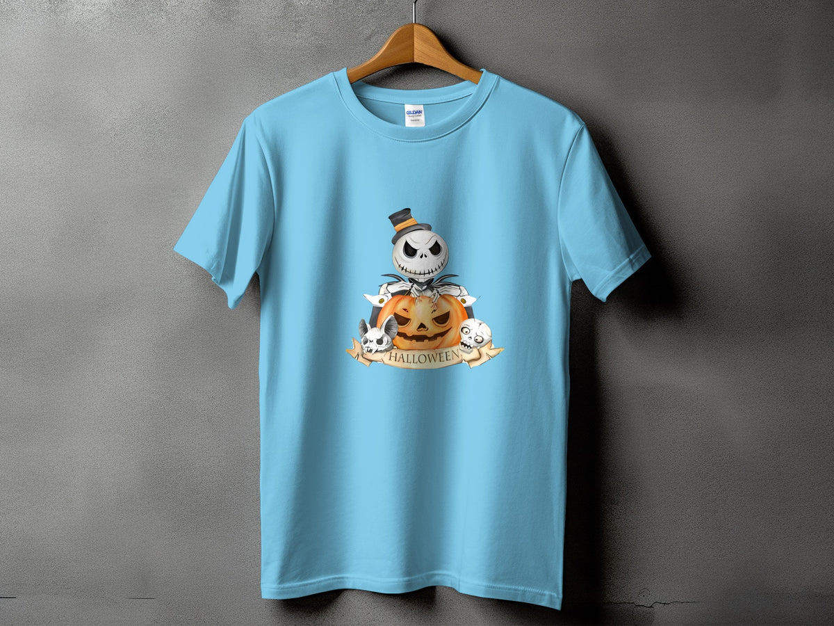 Light blue t-shirt with Halloween graphic of skeleton, pumpkin, and skulls.