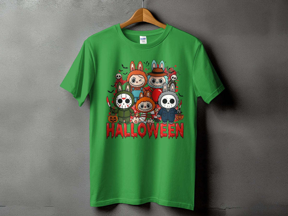 Green t-shirt with cartoon Halloween characters and the word "HALLOWEEN".
