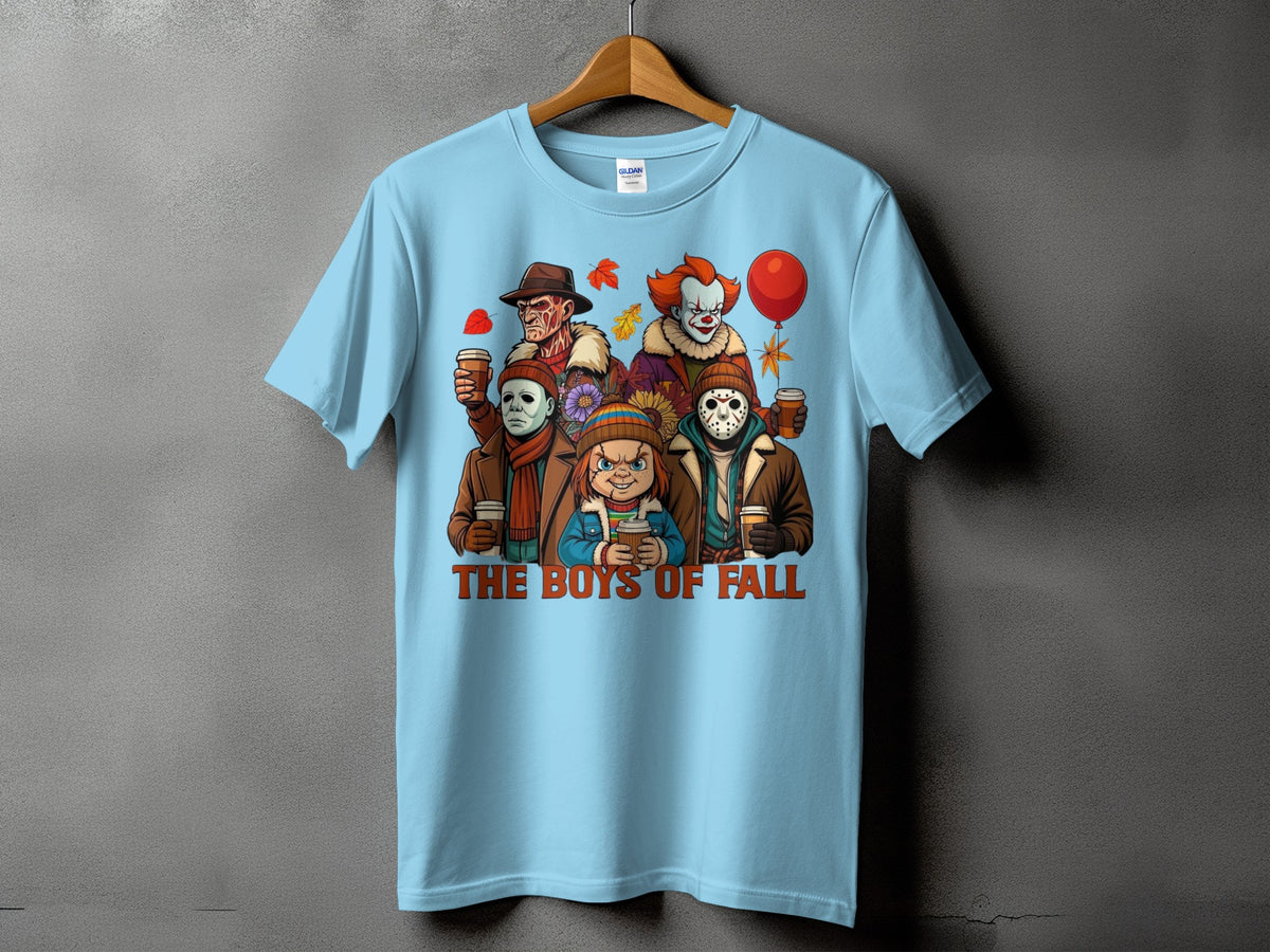Light blue t-shirt with horror movie characters holding coffee cups and the text "THE BOYS OF FALL".