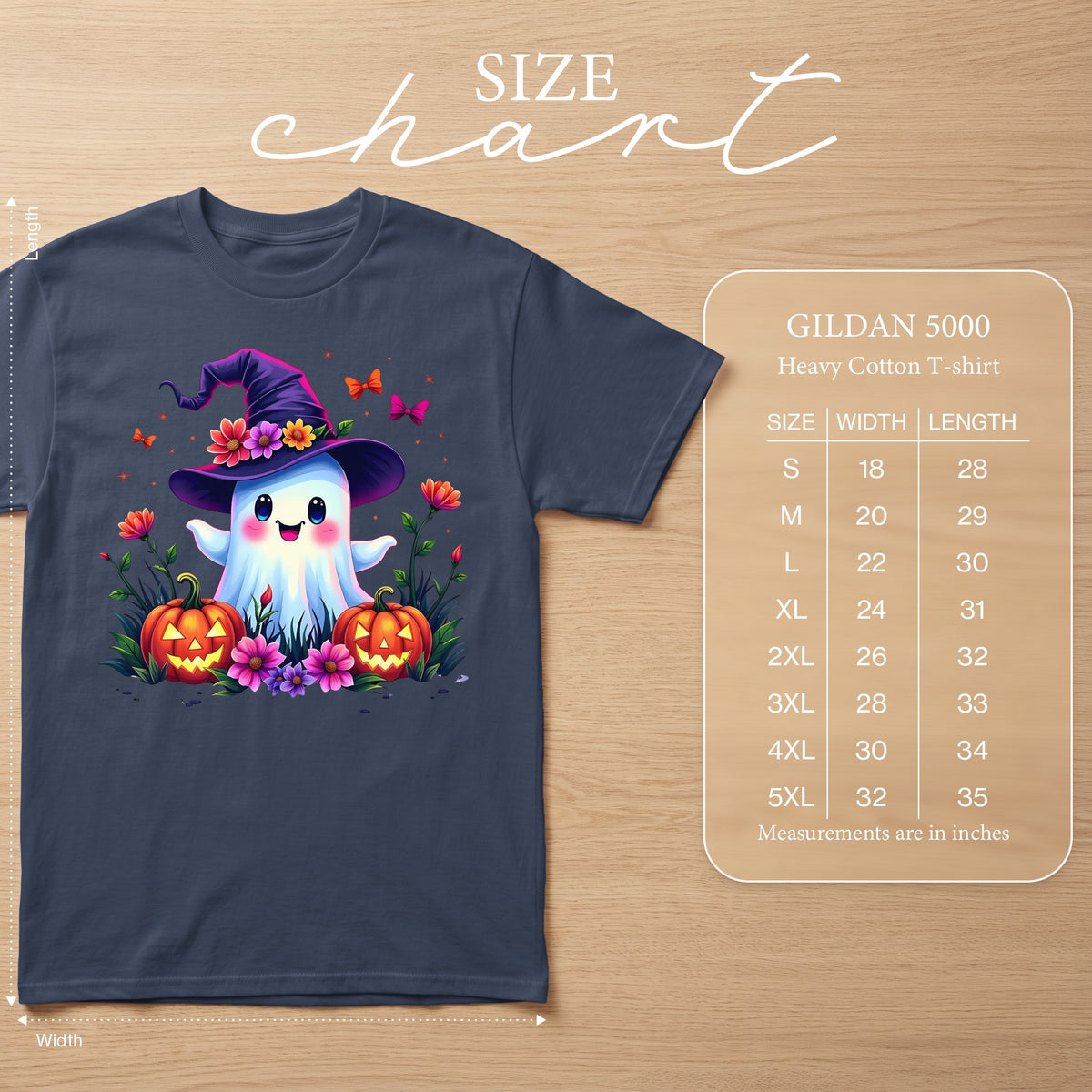Ghost in witch hat with pumpkins and flowers, Gildan 5000 size chart.