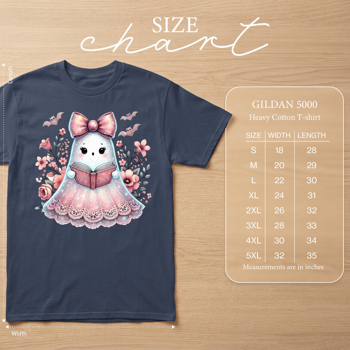 Gildan 5000 Heavy Cotton T-shirt with a cute ghost reading a book design.