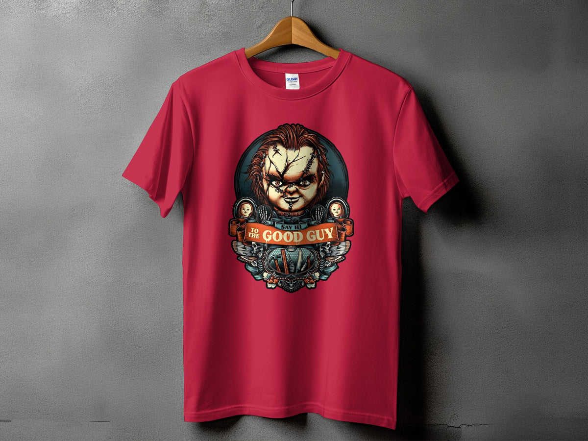Red t-shirt with Chucky doll graphic saying "Say Hi To The Good Guy".