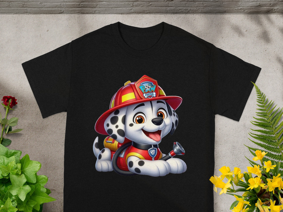 Black t-shirt with Marshall from Paw Patrol wearing a red firefighter helmet.