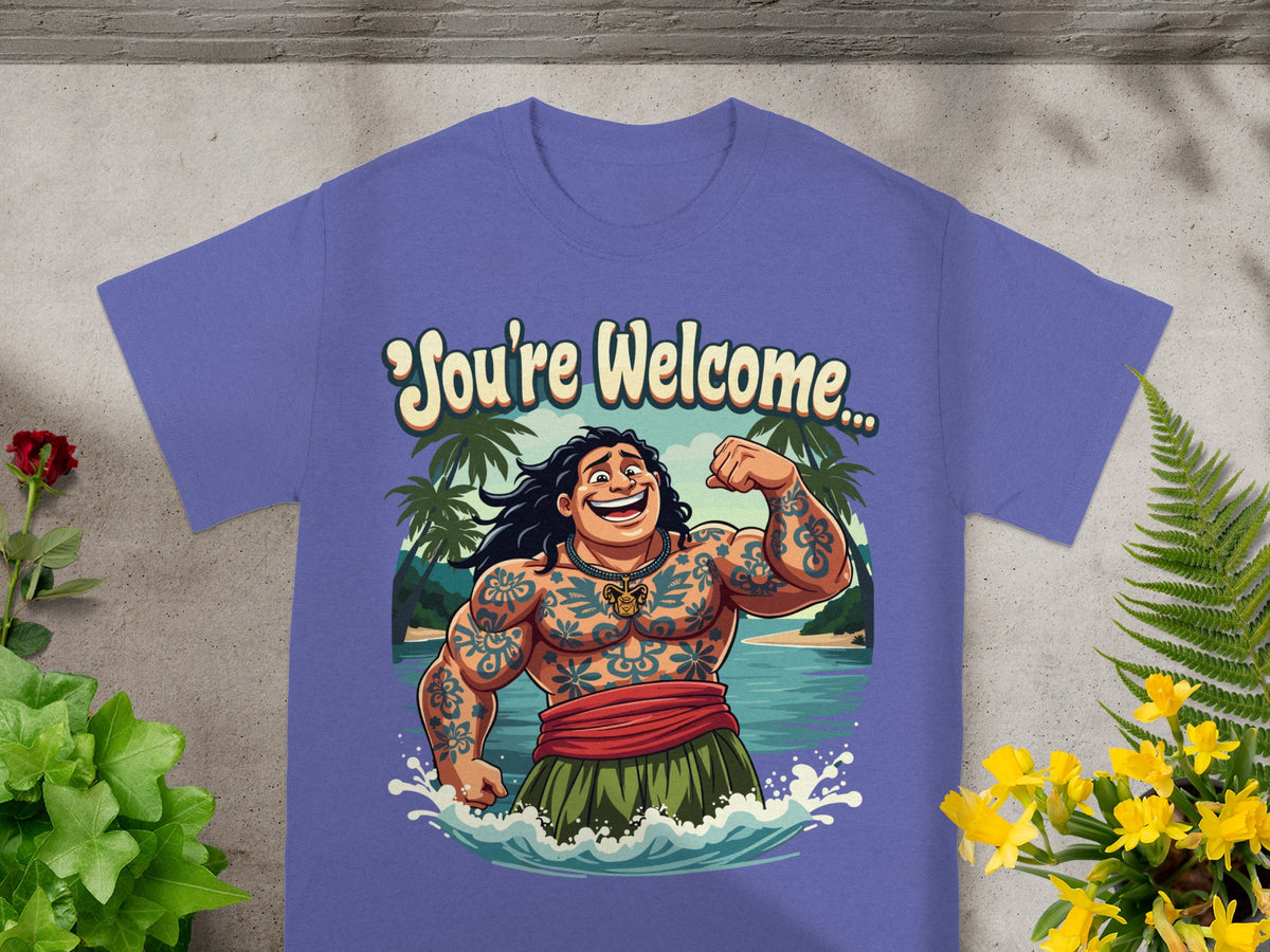 T-shirt graphic with tattooed man and "You're Welcome" text.
