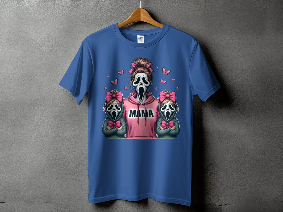 Blue t-shirt with "Mama" text and ghost-faced figures with pink bows.