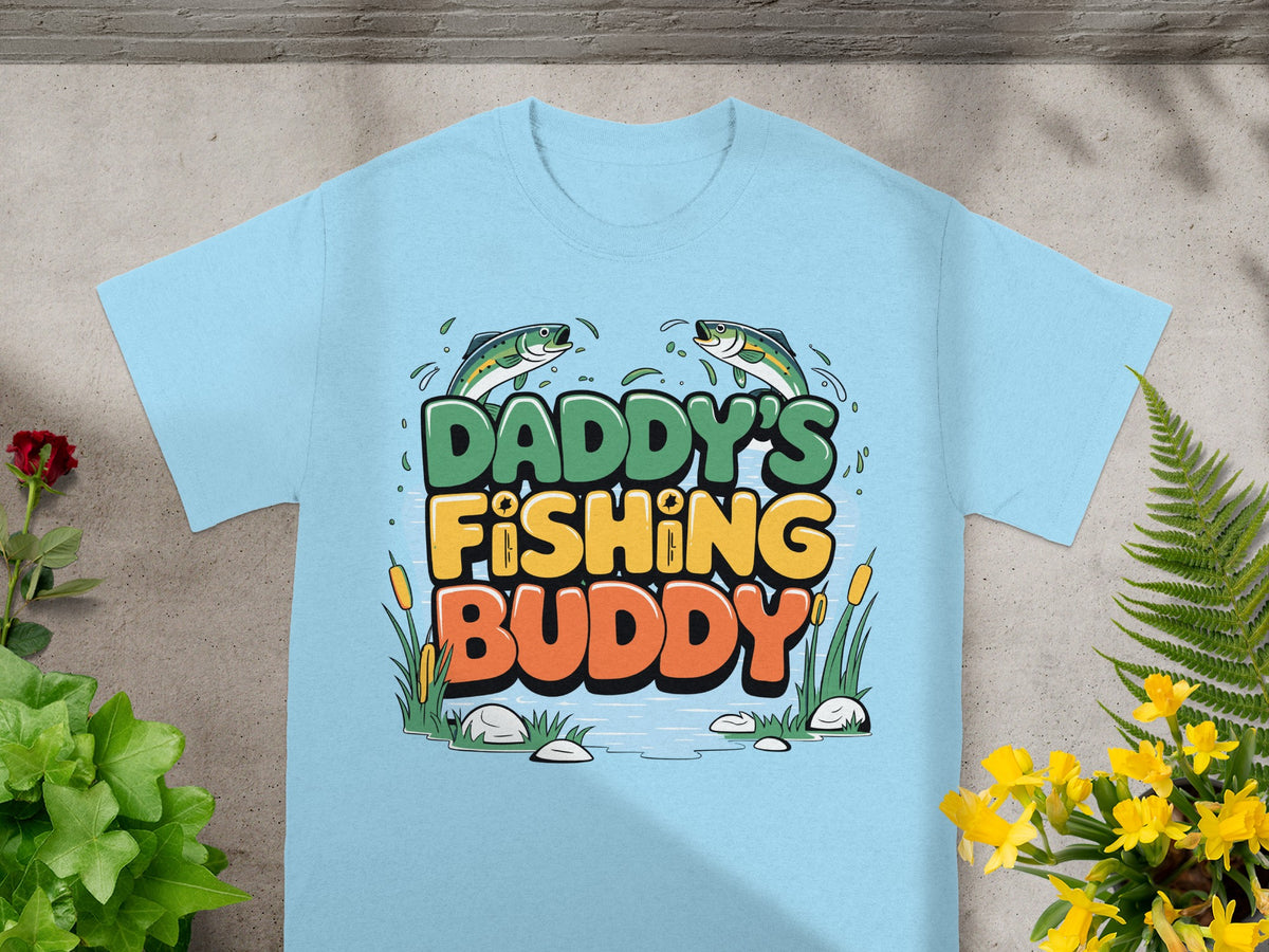 Light blue t-shirt with "Daddy's Fishing Buddy" graphic and cartoon fish.