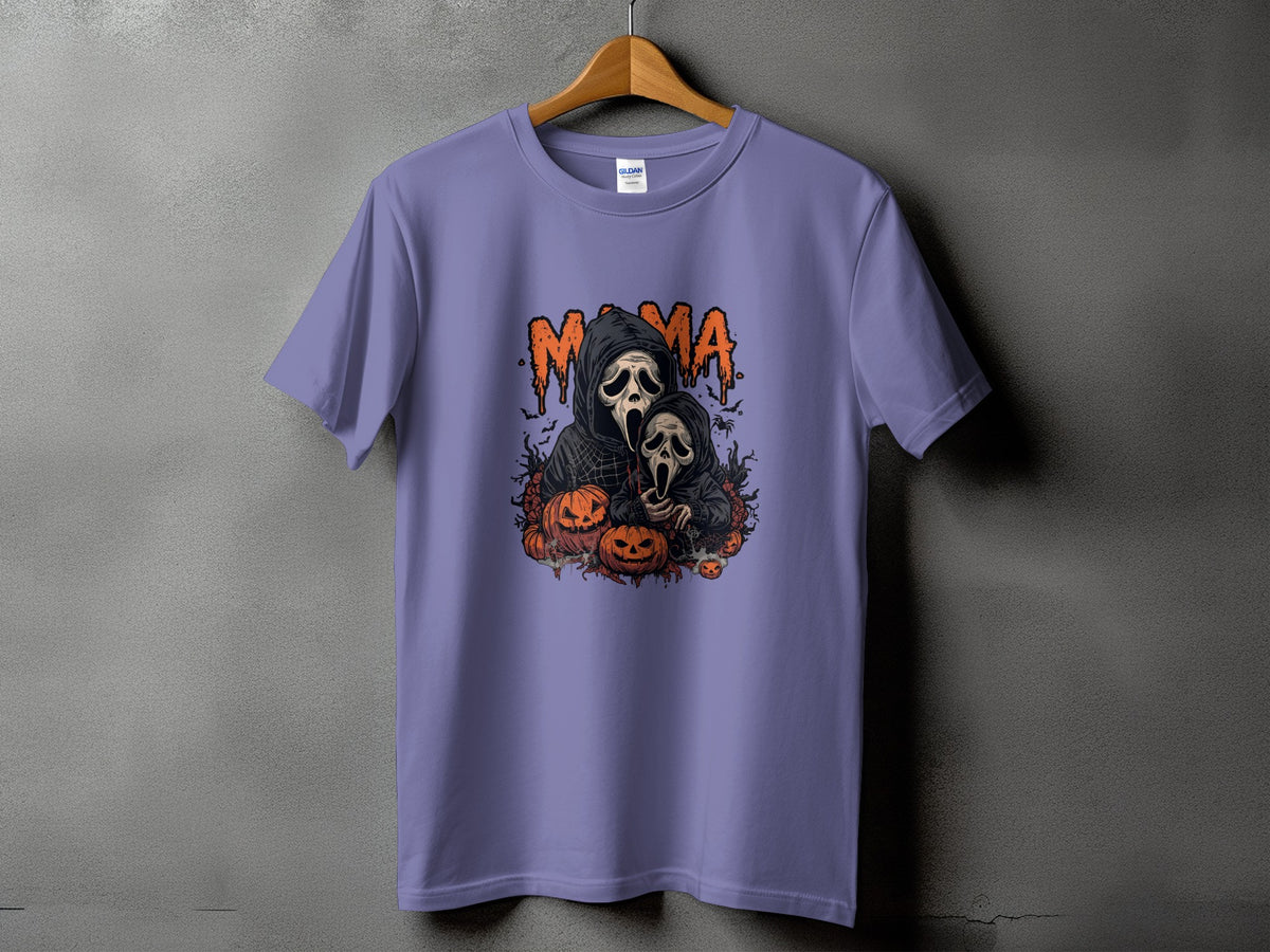 Purple t-shirt with "Mama" text and ghost figures surrounded by pumpkins.