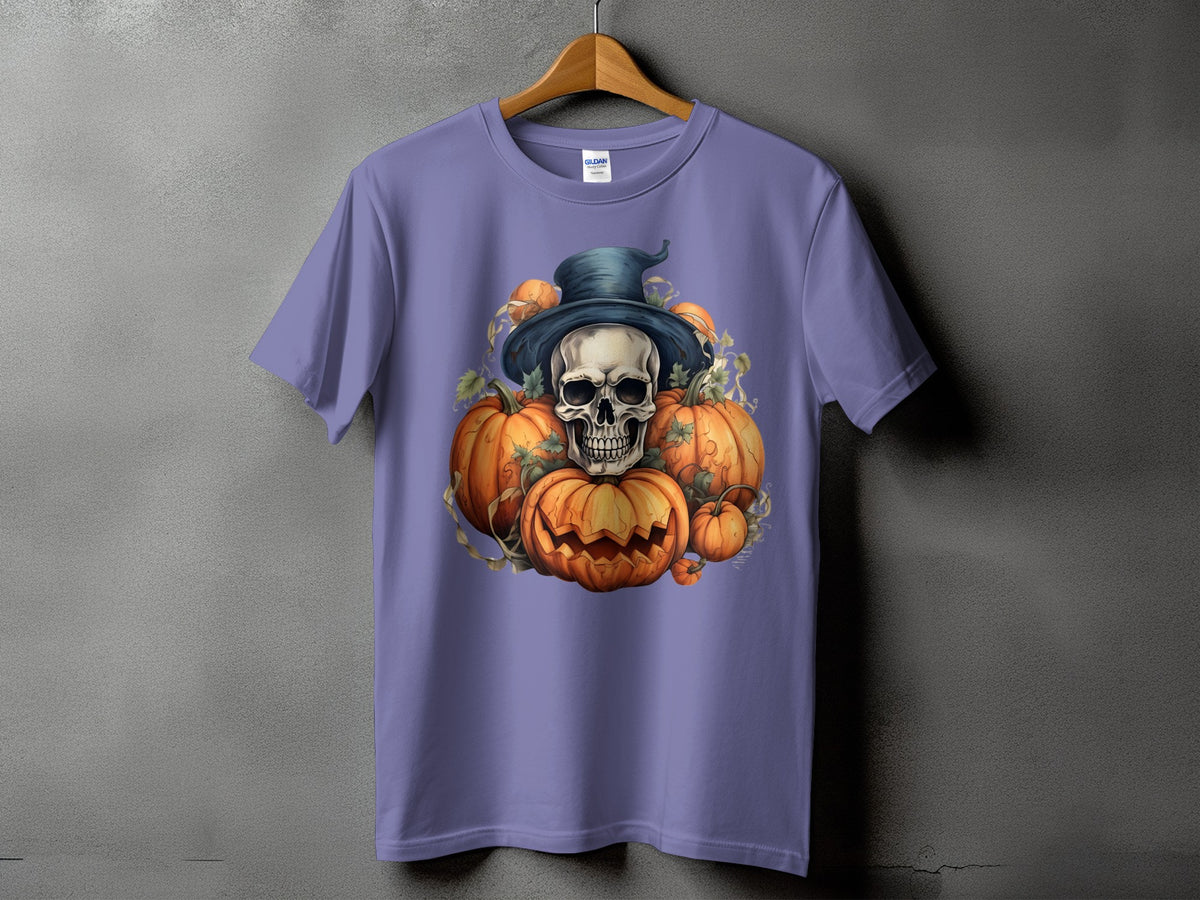 Skull wearing witch hat with pumpkins and vines on a purple t-shirt.