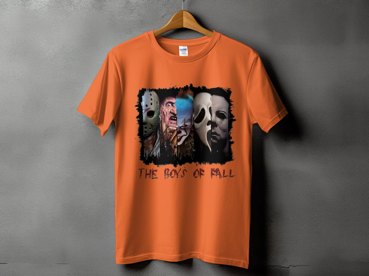 Orange t-shirt with horror movie villains and text "The Boys Of Fall".