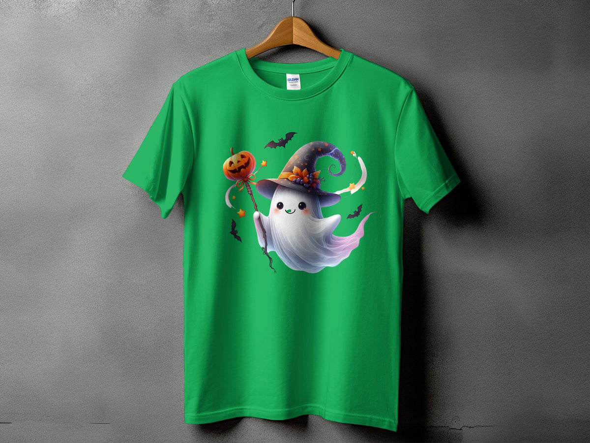 Green t-shirt with a kawaii ghost wearing a witch hat, holding a pumpkin wand.