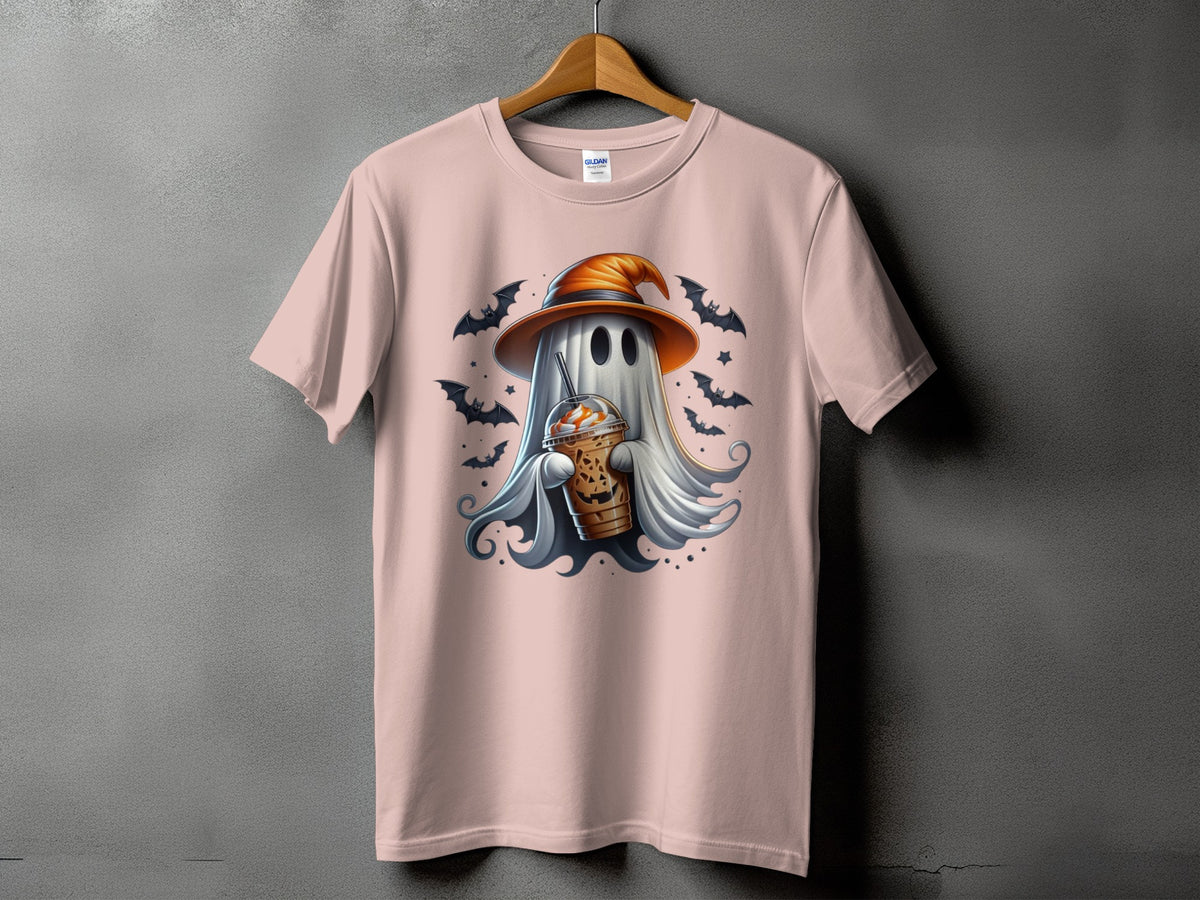 Pink t-shirt with a ghost wearing a witch hat holding a pumpkin spice latte.