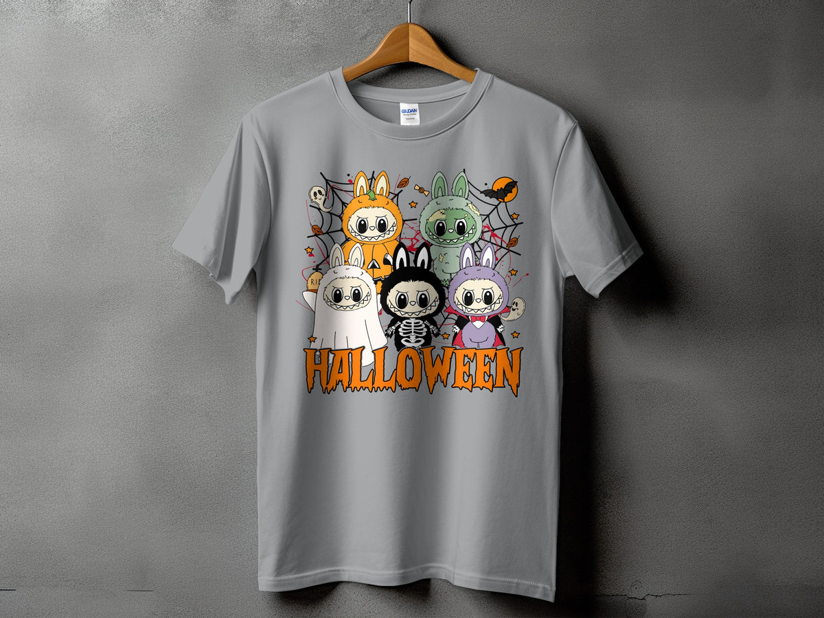 Gray t-shirt with five cartoon characters dressed in Halloween costumes and the word "HALLOWEEN".