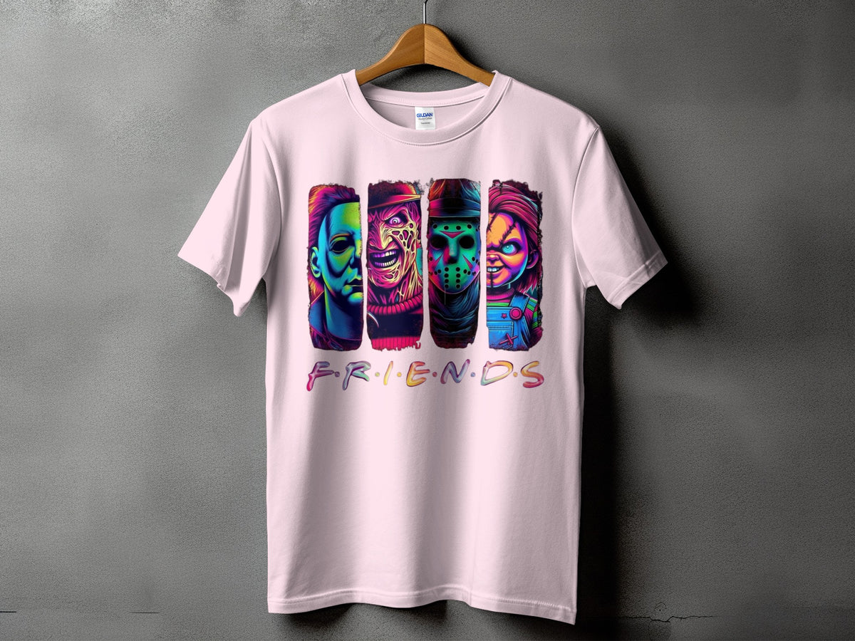 Pink t-shirt with Friends logo and horror characters: Michael Myers, Freddy Krueger, Jason Voorhees, Chucky.