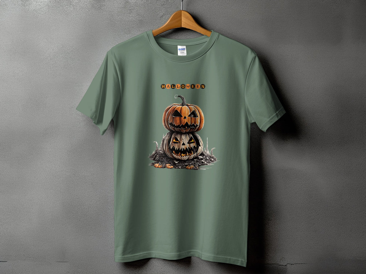 Green t-shirt with stacked Jack-o'-lanterns and the word "HALLOWEEN" above.