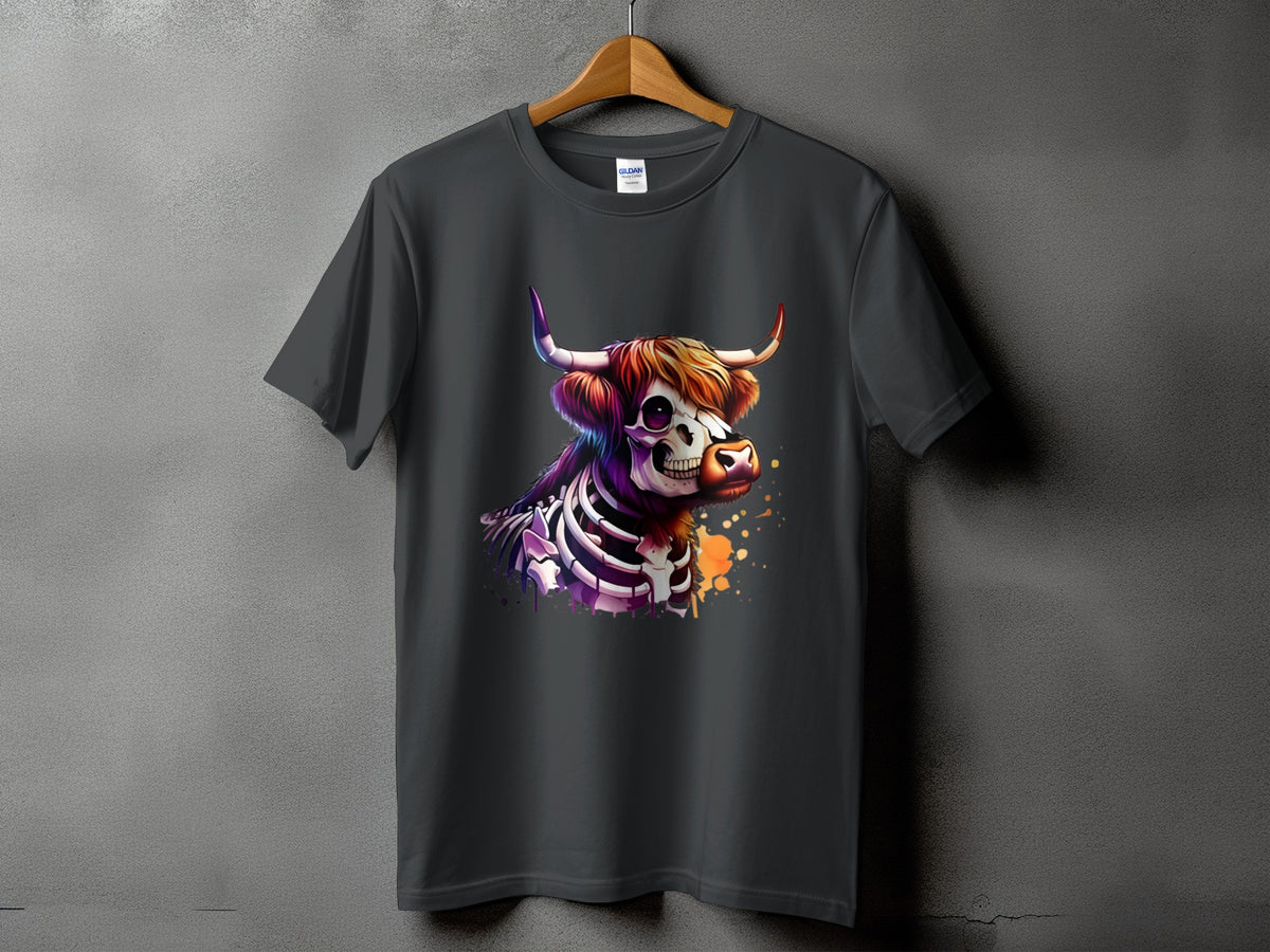 Dark grey t-shirt featuring a colorful skeleton bull with watercolor splashes.