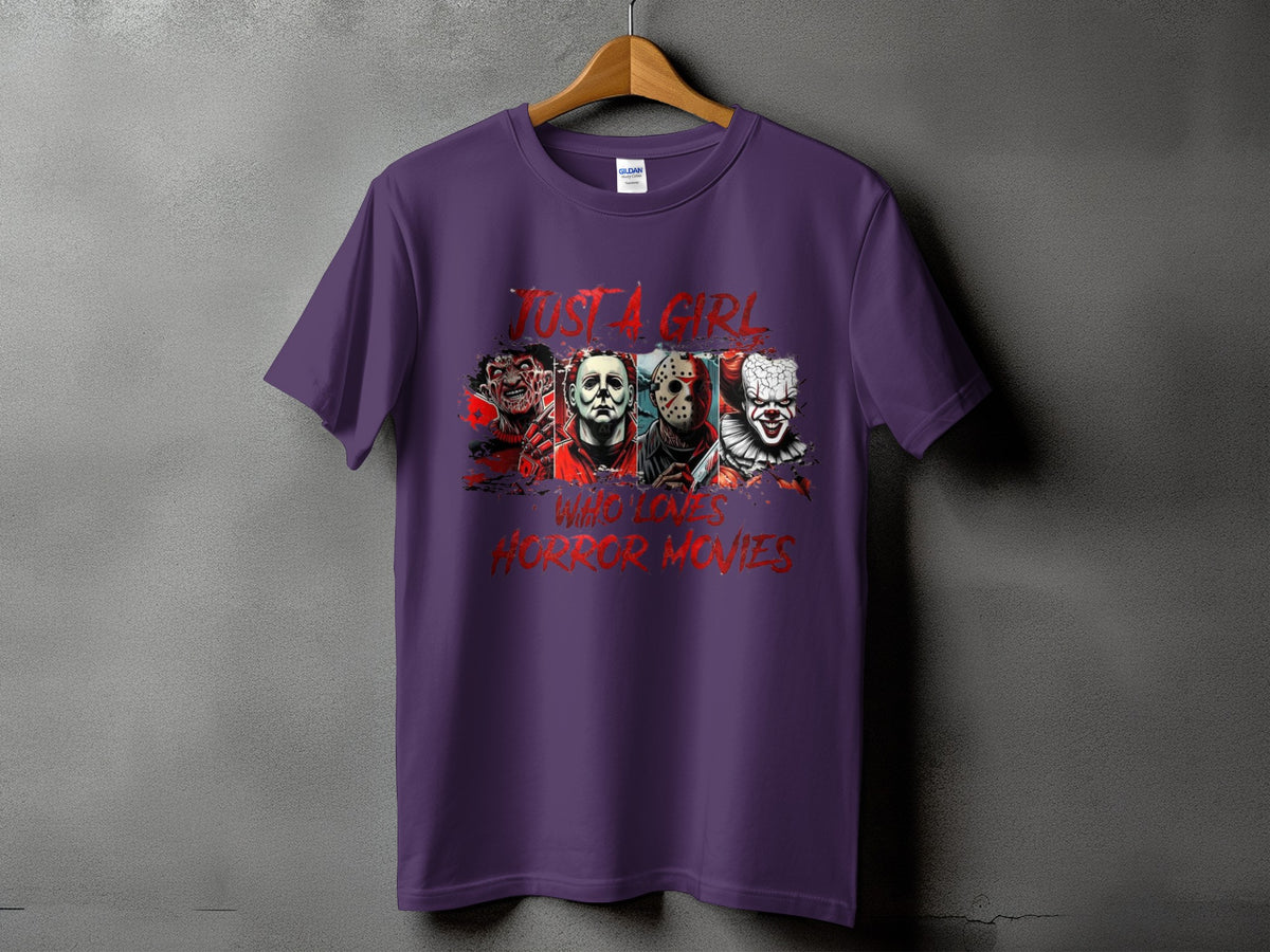 Purple t-shirt featuring "Just a Girl Who Loves Horror Movies" with horror movie villains.