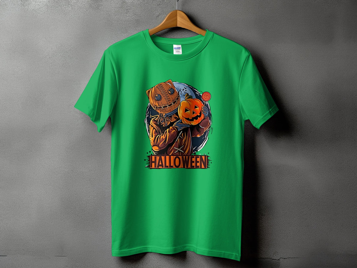 Green t-shirt with a pumpkin-headed character holding a jack-o'-lantern and the word Halloween.