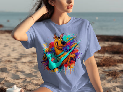 Colorful Cartoon Dog Playing Guitar Graphic Tee shirt