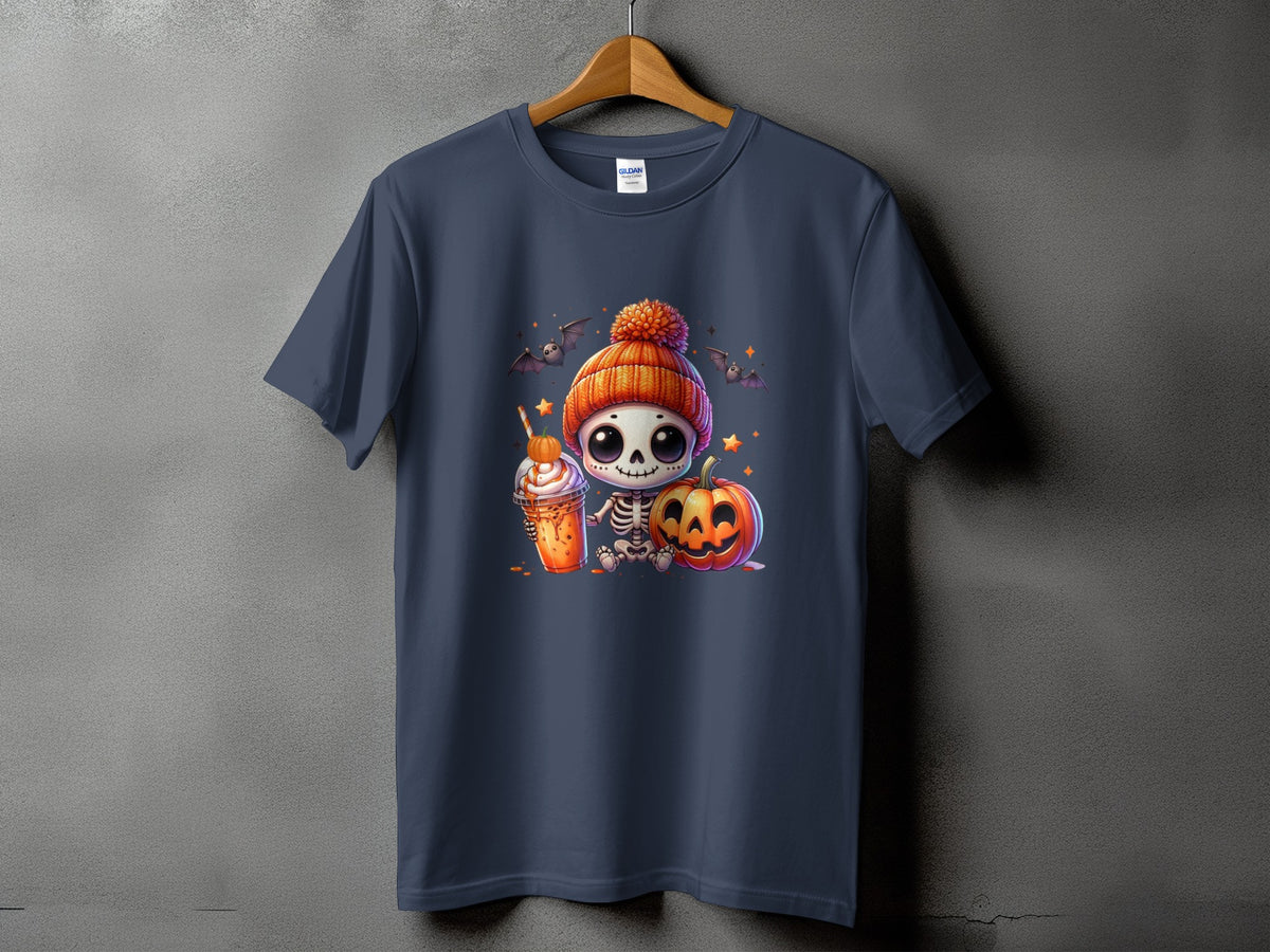 Skeleton in beanie with latte and pumpkin, surrounded by bats and stars.