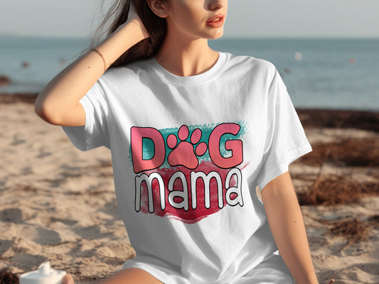 Cute Dog Mama T-Shirt Featuring Colorful Paw Print Design