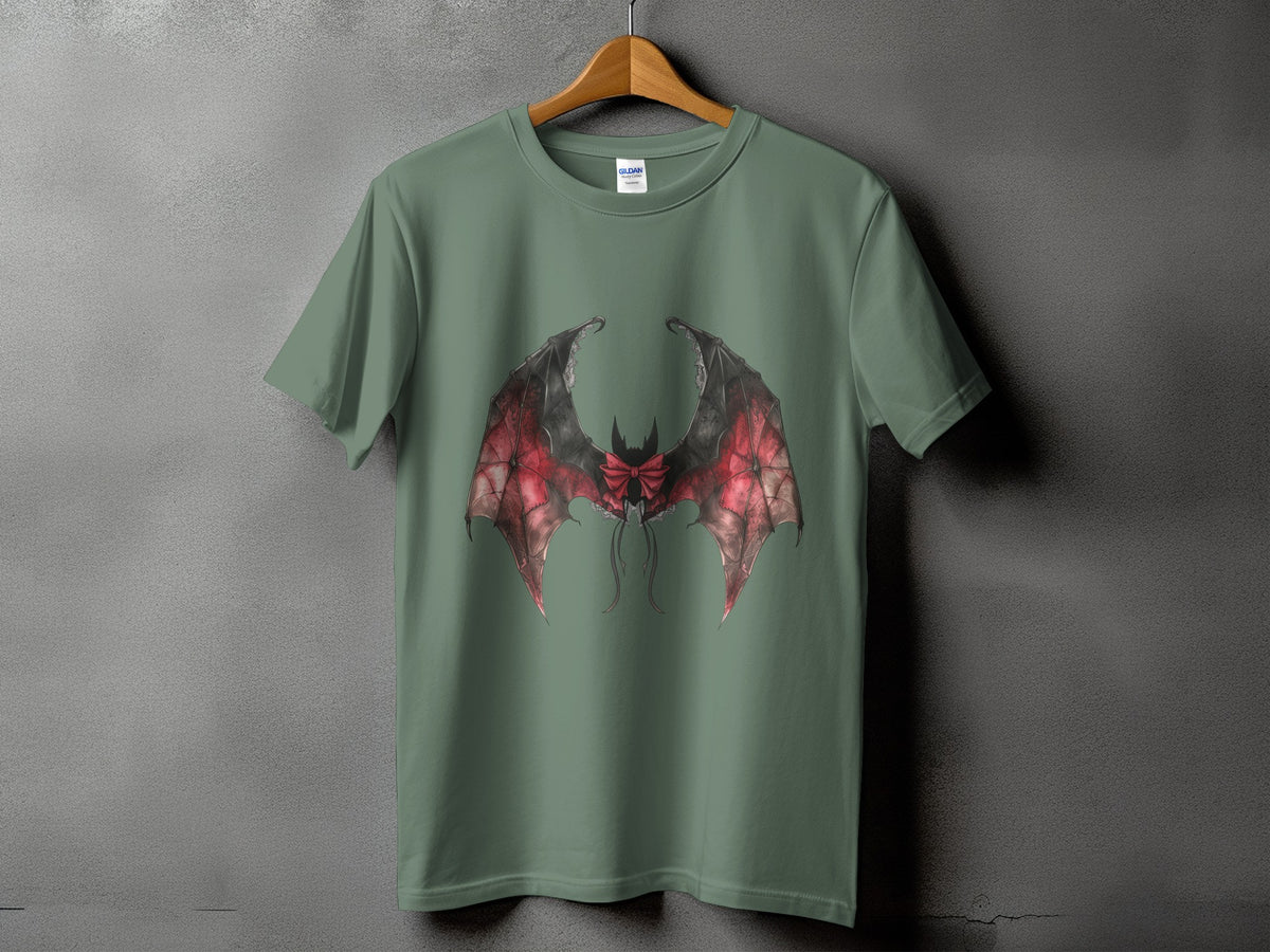 Green t-shirt with a detailed bat wing design featuring red and black colors.