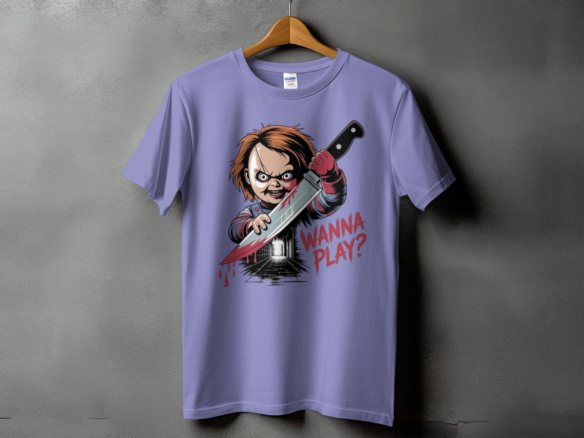 Chucky doll holding a bloody knife with "WANNA PLAY?" text on purple t-shirt.