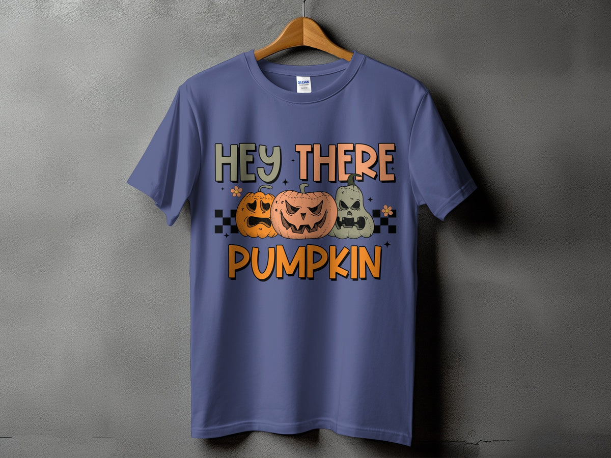 Purple t-shirt with "HEY THERE PUMPKIN" text and three Halloween pumpkins.