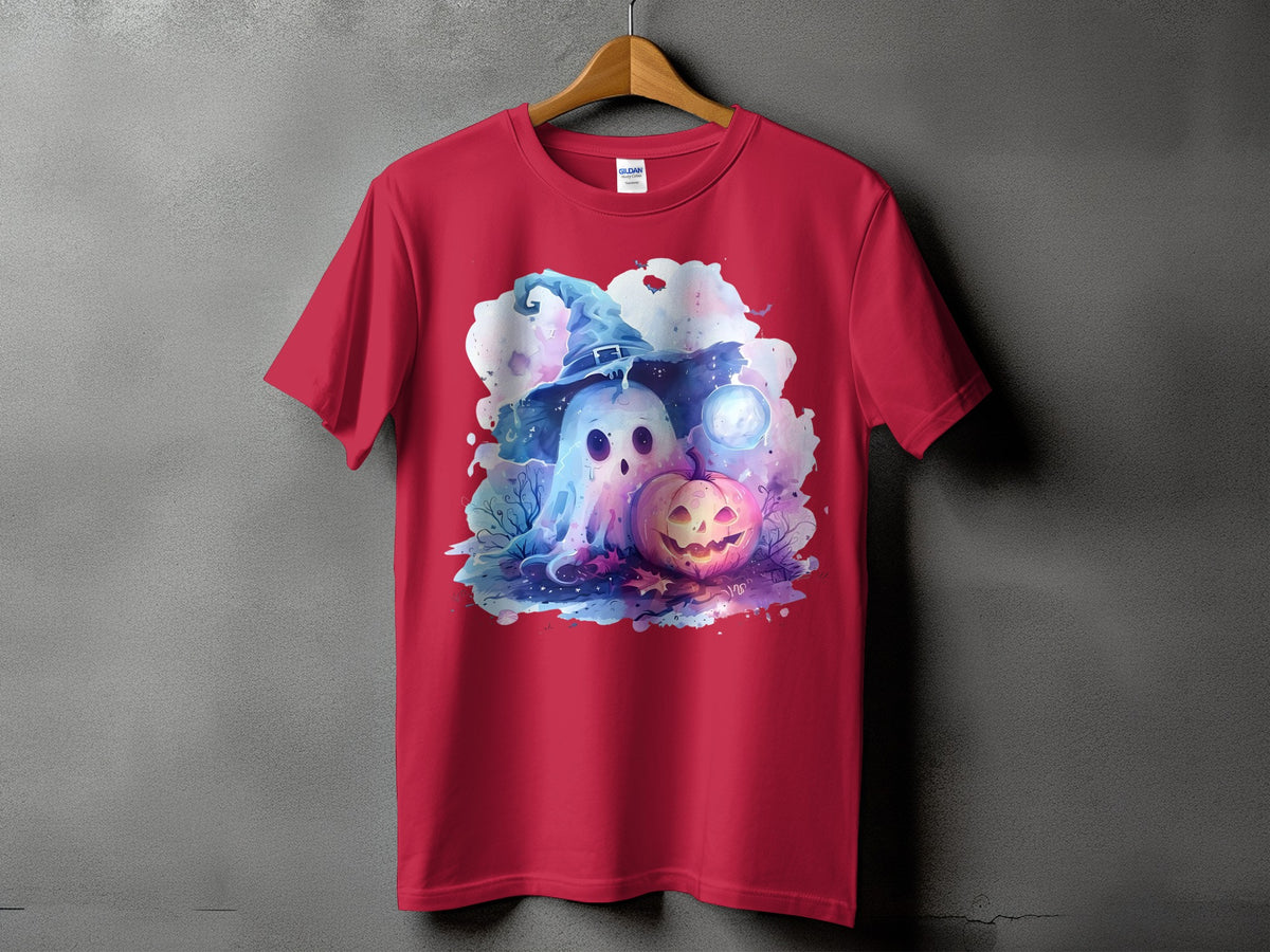 Red t-shirt with Halloween ghost, pumpkin, and witch hat graphic on front.