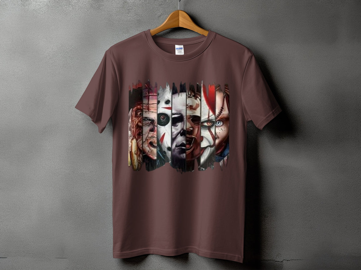Brown t-shirt with a graphic collage of horror movie characters' faces.