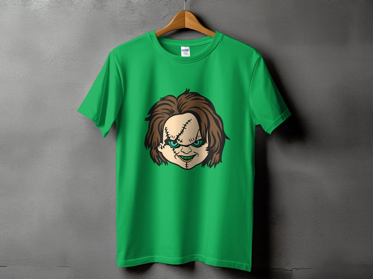 Green t-shirt with Chucky doll face graphic on front.