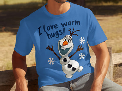 I Love Warm Hugs Cartoon Snowman Blue T-shirt