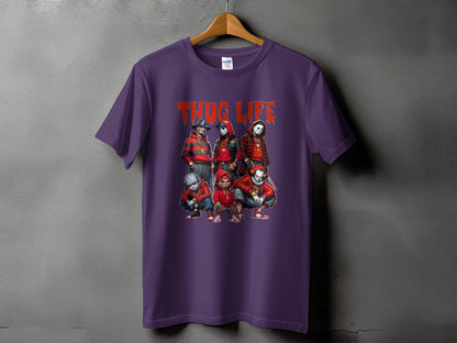 Purple t-shirt with "THUG LIFE" text and horror character graphic.